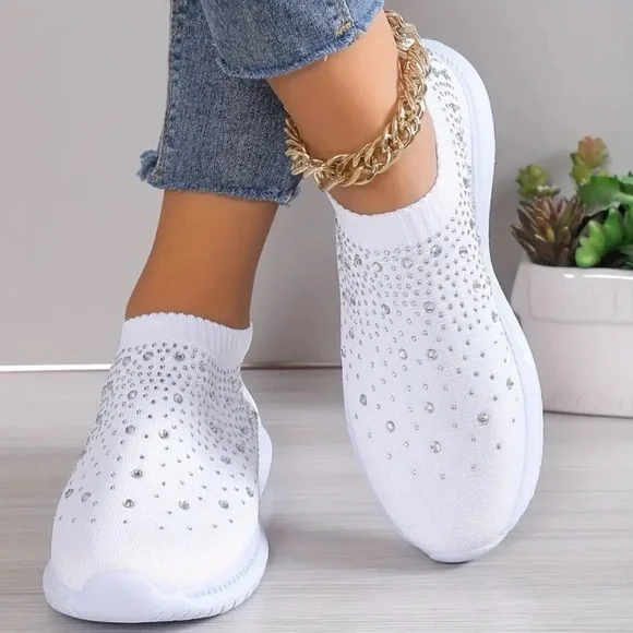 FASHION REHINESTONED FLAT PLATFORM SLIP ON KNITTED CASUAL OUT DOOR WHITE SNEAKER - Picture 3 of 8